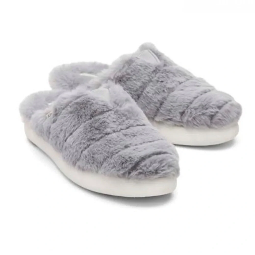 Toms Fluff Slippers Alpargata Mallow Mule Grey Smoke Faux Fur Women NEW Size 9.5 - Picture 1 of 15